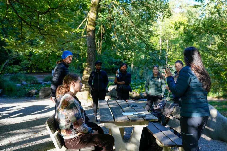 Nature-Therapy-Guide begrüsst die Waldbaden-Gruppe am Picknicktisch im Käferberg-Wald in Zürich