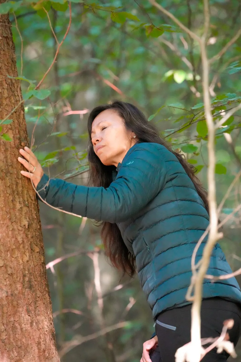 Teilnehmerin berührt die Rinde eines Baumes beim Forest Bathing