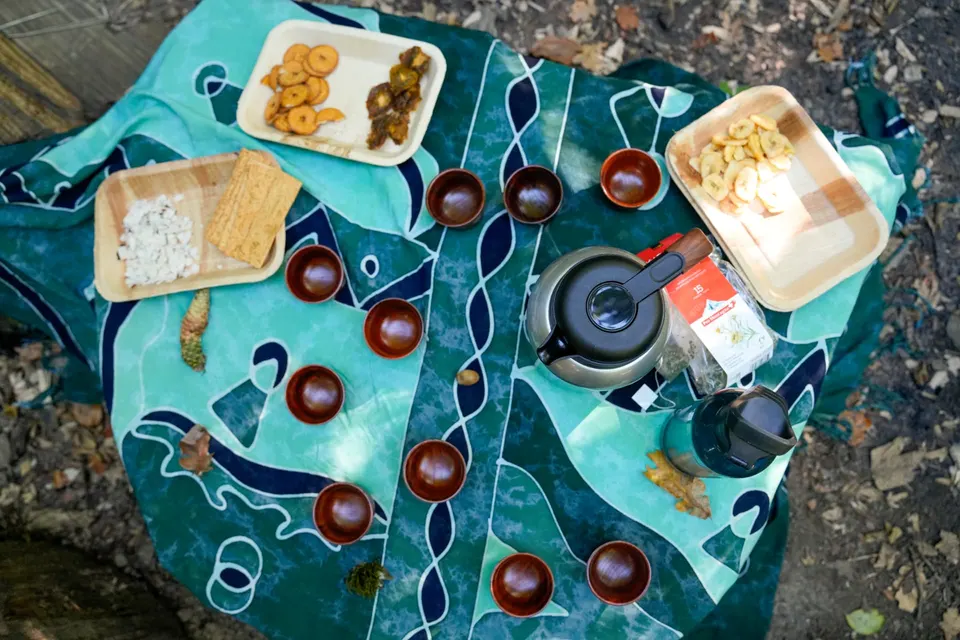 Teezeremonie mit Tassen und Snacks auf einem Tuch im Wald